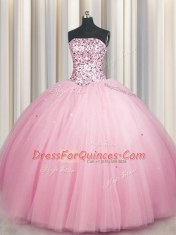 Big Puffy Pink Tulle Lace Up Strapless Sleeveless Floor Length Ball Gown Prom Dress Sequins