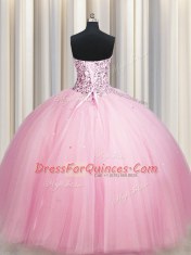 Big Puffy Pink Tulle Lace Up Strapless Sleeveless Floor Length Ball Gown Prom Dress Sequins