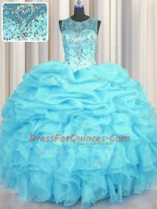 Top Selling Scoop See Through Aqua Blue Organza Lace Up Quinceanera Gown Sleeveless Floor Length Beading and Ruffles and Pick Ups