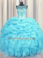 Top Selling Scoop See Through Aqua Blue Organza Lace Up Quinceanera Gown Sleeveless Floor Length Beading and Ruffles and Pick Ups