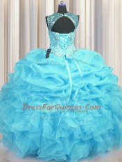 Top Selling Scoop See Through Aqua Blue Organza Lace Up Quinceanera Gown Sleeveless Floor Length Beading and Ruffles and Pick Ups
