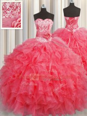 Handcrafted Flower Coral Red Sweetheart Lace Up Ruffles and Hand Made Flower Quinceanera Dress Sleeveless