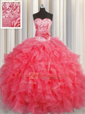 Handcrafted Flower Coral Red Sweetheart Lace Up Ruffles and Hand Made Flower Quinceanera Dress Sleeveless
