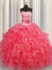 Handcrafted Flower Coral Red Sweetheart Lace Up Ruffles and Hand Made Flower Quinceanera Dress Sleeveless