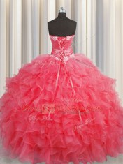 Handcrafted Flower Coral Red Sweetheart Lace Up Ruffles and Hand Made Flower Quinceanera Dress Sleeveless