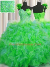 Extravagant One Shoulder Handcrafted Flower Multi-color Lace Up Ball Gown Prom Dress Beading and Ruffles and Hand Made Flower Sleeveless Floor Length