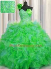 Extravagant One Shoulder Handcrafted Flower Multi-color Lace Up Ball Gown Prom Dress Beading and Ruffles and Hand Made Flower Sleeveless Floor Length