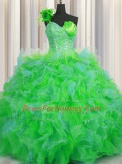 Extravagant One Shoulder Handcrafted Flower Multi-color Lace Up Ball Gown Prom Dress Beading and Ruffles and Hand Made Flower Sleeveless Floor Length