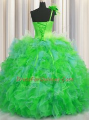 Extravagant One Shoulder Handcrafted Flower Multi-color Lace Up Ball Gown Prom Dress Beading and Ruffles and Hand Made Flower Sleeveless Floor Length