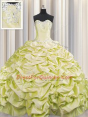 Affordable Pick Ups Brush Train Light Yellow Sleeveless Taffeta Sweep Train Lace Up Quince Ball Gowns for Military Ball and Sweet 16 and Quinceanera