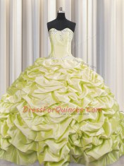 Affordable Pick Ups Brush Train Light Yellow Sleeveless Taffeta Sweep Train Lace Up Quince Ball Gowns for Military Ball and Sweet 16 and Quinceanera