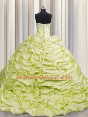 Affordable Pick Ups Brush Train Light Yellow Sleeveless Taffeta Sweep Train Lace Up Quince Ball Gowns for Military Ball and Sweet 16 and Quinceanera