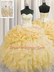 Visible Boning Gold Quince Ball Gowns Military Ball and Sweet 16 and Quinceanera and For with Beading and Ruffles Sweetheart Sleeveless Lace Up