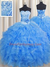 Handcrafted Flower Floor Length Baby Blue Vestidos de Quinceanera Organza Sleeveless Beading and Ruffles and Hand Made Flower