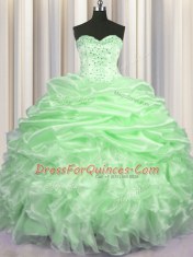 Unique Sleeveless With Train Beading and Ruffles and Pick Ups Lace Up Sweet 16 Dress