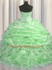 Unique Sleeveless With Train Beading and Ruffles and Pick Ups Lace Up Sweet 16 Dress