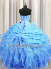 Pick Ups Floor Length Ball Gowns Sleeveless Baby Blue 15 Quinceanera Dress Backless