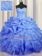 Vintage Blue Organza Lace Up Sweetheart Sleeveless Floor Length Sweet 16 Quinceanera Dress Beading and Ruffles and Ruching and Pick Ups