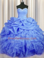 Vintage Blue Organza Lace Up Sweetheart Sleeveless Floor Length Sweet 16 Quinceanera Dress Beading and Ruffles and Ruching and Pick Ups