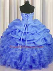 Vintage Blue Organza Lace Up Sweetheart Sleeveless Floor Length Sweet 16 Quinceanera Dress Beading and Ruffles and Ruching and Pick Ups
