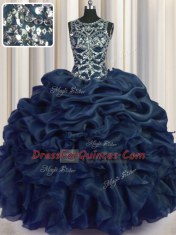 Charming Scoop Pick Ups Navy Blue Sleeveless Organza Lace Up Vestidos de Quinceanera for Military Ball and Sweet 16 and Quinceanera