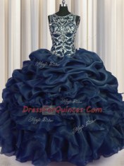 Charming Scoop Pick Ups Navy Blue Sleeveless Organza Lace Up Vestidos de Quinceanera for Military Ball and Sweet 16 and Quinceanera