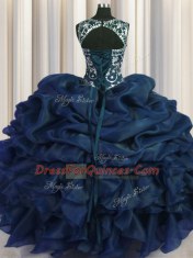 Charming Scoop Pick Ups Navy Blue Sleeveless Organza Lace Up Vestidos de Quinceanera for Military Ball and Sweet 16 and Quinceanera
