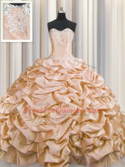 Brush Train Peach Sleeveless Beading and Pick Ups Lace Up Quinceanera Gowns