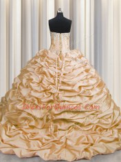 Brush Train Peach Sleeveless Beading and Pick Ups Lace Up Quinceanera Gowns