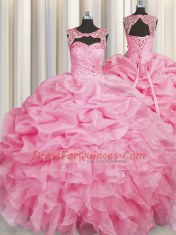 Modest Scoop Rose Pink Organza Lace Up Ball Gown Prom Dress Sleeveless Floor Length Beading and Pick Ups