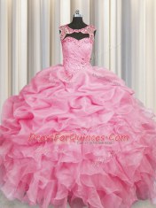 Modest Scoop Rose Pink Organza Lace Up Ball Gown Prom Dress Sleeveless Floor Length Beading and Pick Ups