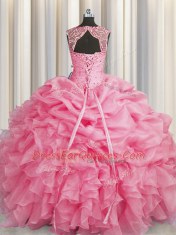 Modest Scoop Rose Pink Organza Lace Up Ball Gown Prom Dress Sleeveless Floor Length Beading and Pick Ups