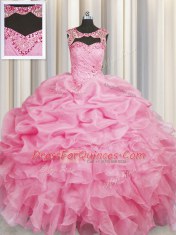 Modest Scoop Rose Pink Organza Lace Up Ball Gown Prom Dress Sleeveless Floor Length Beading and Pick Ups