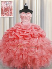 Pick Ups Visible Boning Watermelon Red Sleeveless Organza Lace Up 15th Birthday Dress for Military Ball and Sweet 16 and Quinceanera