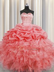 Pick Ups Visible Boning Watermelon Red Sleeveless Organza Lace Up 15th Birthday Dress for Military Ball and Sweet 16 and Quinceanera