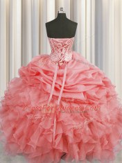 Pick Ups Visible Boning Watermelon Red Sleeveless Organza Lace Up 15th Birthday Dress for Military Ball and Sweet 16 and Quinceanera