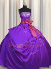 Sleeveless Floor Length Beading and Bowknot Lace Up Quince Ball Gowns with Purple