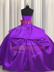 Sleeveless Floor Length Beading and Bowknot Lace Up Quince Ball Gowns with Purple