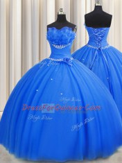Graceful Handcrafted Flower Blue Sleeveless Beading and Sequins and Hand Made Flower Floor Length Sweet 16 Dresses