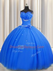Graceful Handcrafted Flower Blue Sleeveless Beading and Sequins and Hand Made Flower Floor Length Sweet 16 Dresses