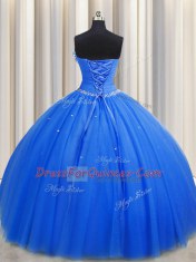 Graceful Handcrafted Flower Blue Sleeveless Beading and Sequins and Hand Made Flower Floor Length Sweet 16 Dresses