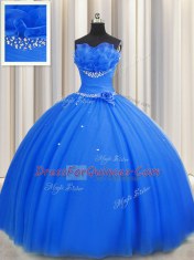 Graceful Handcrafted Flower Blue Sleeveless Beading and Sequins and Hand Made Flower Floor Length Sweet 16 Dresses