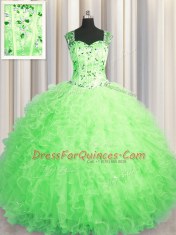 Captivating See Through Zipper Up Floor Length 15 Quinceanera Dress Straps Sleeveless Zipper