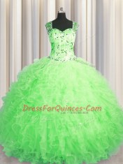 Captivating See Through Zipper Up Floor Length 15 Quinceanera Dress Straps Sleeveless Zipper