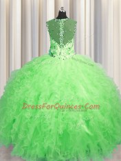Captivating See Through Zipper Up Floor Length 15 Quinceanera Dress Straps Sleeveless Zipper