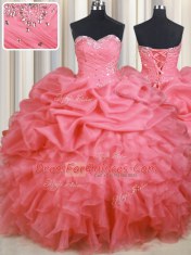 Cute Watermelon Red Ball Gowns Organza Sweetheart Sleeveless Beading and Ruffles and Ruching and Pick Ups Floor Length Lace Up 15 Quinceanera Dress