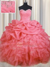 Cute Watermelon Red Ball Gowns Organza Sweetheart Sleeveless Beading and Ruffles and Ruching and Pick Ups Floor Length Lace Up 15 Quinceanera Dress