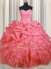 Cute Watermelon Red Ball Gowns Organza Sweetheart Sleeveless Beading and Ruffles and Ruching and Pick Ups Floor Length Lace Up 15 Quinceanera Dress
