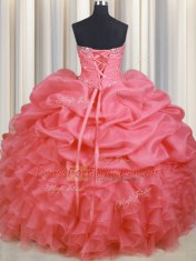 Cute Watermelon Red Ball Gowns Organza Sweetheart Sleeveless Beading and Ruffles and Ruching and Pick Ups Floor Length Lace Up 15 Quinceanera Dress