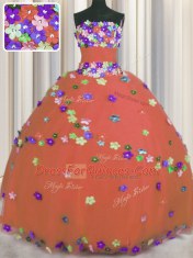 Sumptuous Strapless Sleeveless Tulle Quince Ball Gowns Hand Made Flower Lace Up
